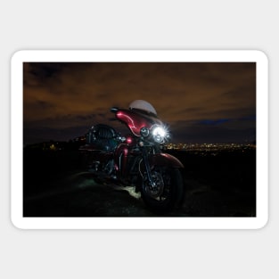 Big American touring motorcycle in Burgundy and Black on a city background at night Sticker